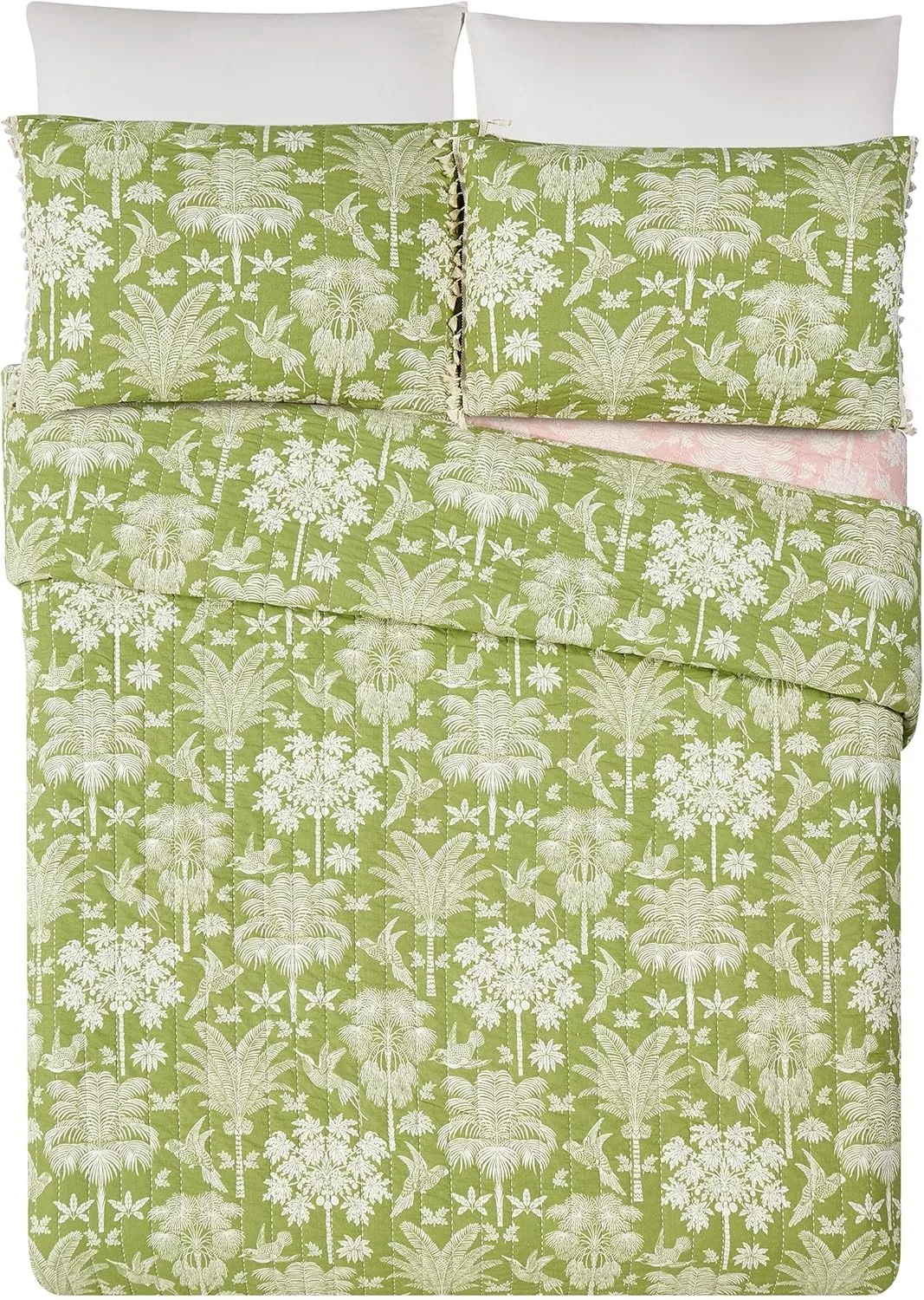 Spartina 449 Queenie Palm Royale Reversible Quilt and Pillow Sham Set, 3-Piece All Cotton Tropical Lightweight Quilted Bedding Set - Full Queen Size, Green/Pink