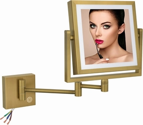 Square Wall Mounted Makeup Mirror with Lights and Magnification, 8 Inch 2-Sided Magnifying Make up Mirror with Lighting LED Bathroom Vanity Mirror Touch Dimming Swing Arm Brass Hard-Wired