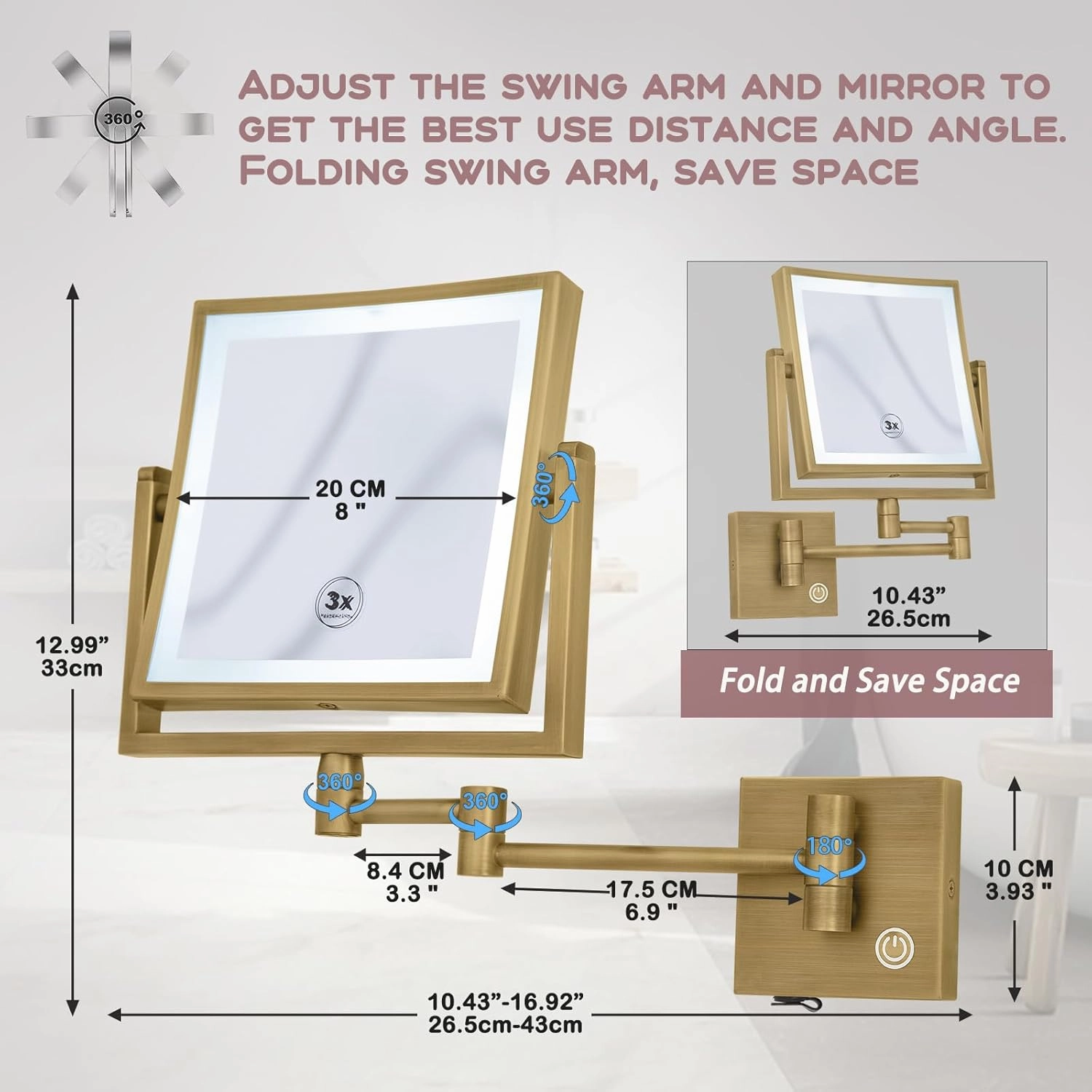 Square Wall Mounted Makeup Mirror with Lights and Magnification, 8 Inch 2-Sided Magnifying Make up Mirror with Lighting LED Bathroom Vanity Mirror Touch Dimming Swing Arm Brass Hard-Wired