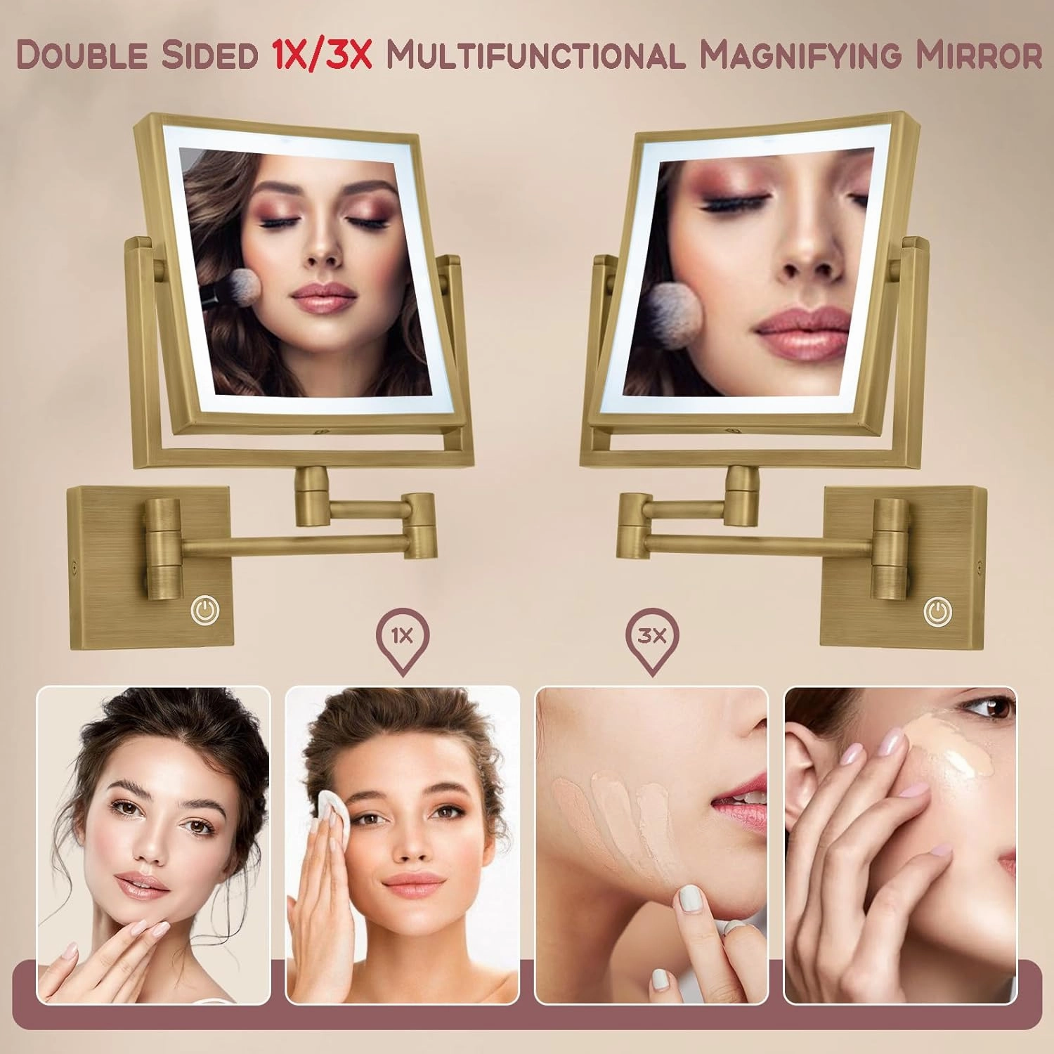 Square Wall Mounted Makeup Mirror with Lights and Magnification, 8 Inch 2-Sided Magnifying Make up Mirror with Lighting LED Bathroom Vanity Mirror Touch Dimming Swing Arm Brass Hard-Wired