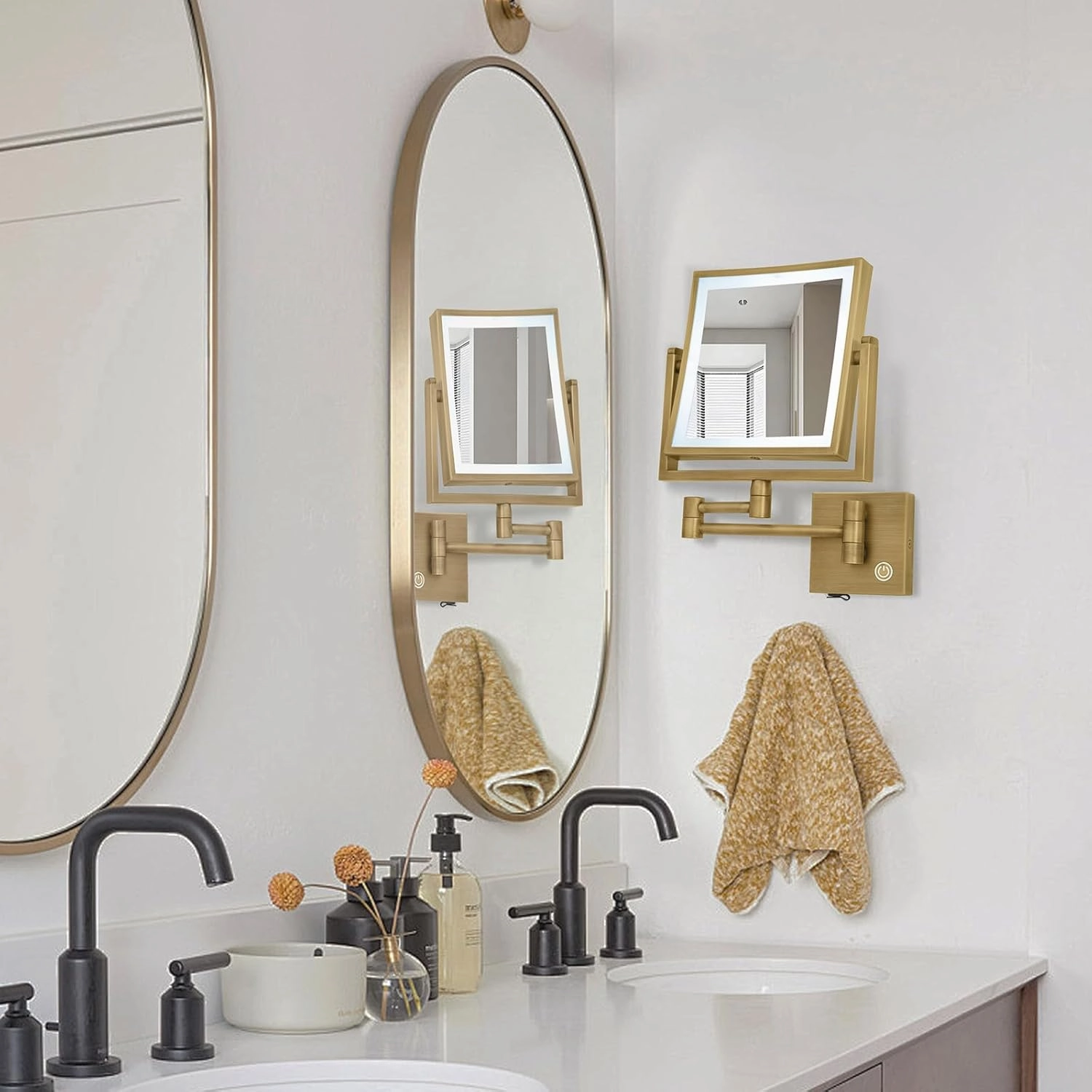 Square Wall Mounted Makeup Mirror with Lights and Magnification, 8 Inch 2-Sided Magnifying Make up Mirror with Lighting LED Bathroom Vanity Mirror Touch Dimming Swing Arm Brass Hard-Wired