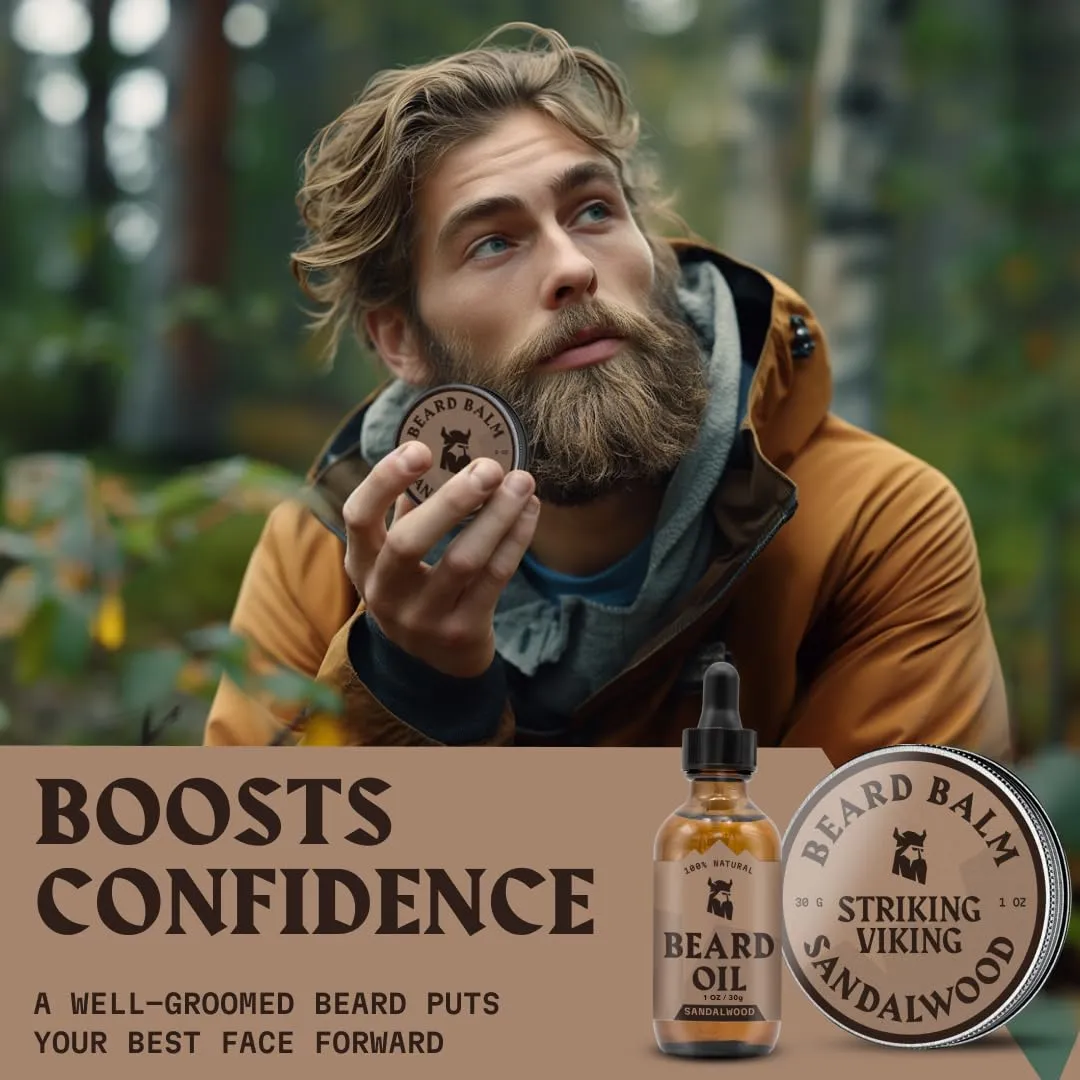 Striking Viking Beard Oil and Balm - Men's Beard Grooming Kit with All-Natural Beard Oil and Leave in Beard Balm Conditioner - Enriched with Argan and Jojoba Oil, Sandalwood