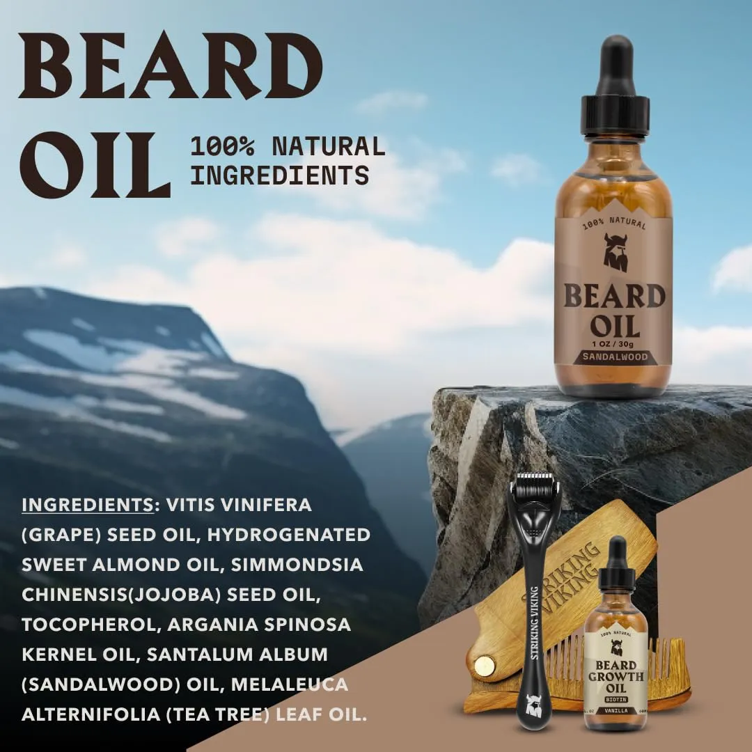 Striking Viking Beard Oil and Balm - Men's Beard Grooming Kit with All-Natural Beard Oil and Leave in Beard Balm Conditioner - Enriched with Argan and Jojoba Oil, Sandalwood