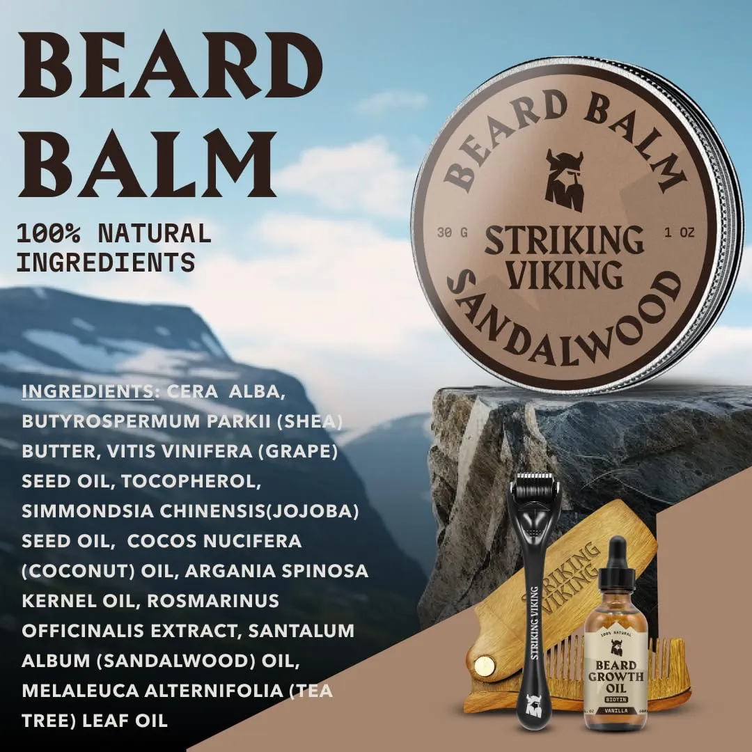 Striking Viking Beard Oil and Balm - Men's Beard Grooming Kit with All-Natural Beard Oil and Leave in Beard Balm Conditioner - Enriched with Argan and Jojoba Oil, Sandalwood
