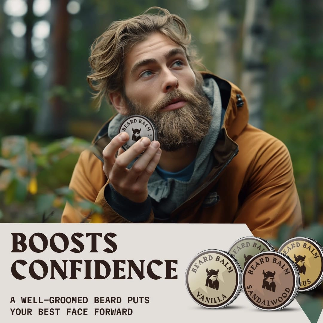 Striking Viking Beard Balm for Men – Light Hold, 1 Oz, Pack of 4 with Citrus, Vanilla, Sandalwood, Cedar Scents - Leave-in Beard Conditioner with Shea Butter, Tea Tree, Argan & Jojoba Oils