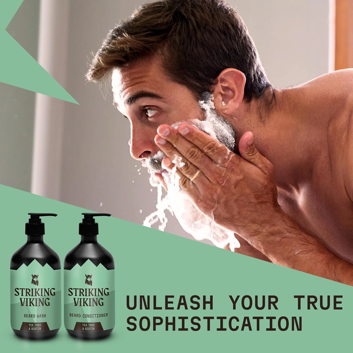 Striking Viking Beard Wash and Conditioner (Tea Tree & Biotin) - Paraben & Sulfate Free Cleansing Care for All Beard Types (10oz Per Bottle)