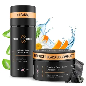 stubble & stache Mens Clean Up Crew Kit - Daily Probiotic Face Wash with Niacinamide & Charcoal Sugar Scrub with Probiotics - Cleanse & Exfoliate Your Skin & Beard - 1 btl & 1 jar (3.4 fl oz each)
