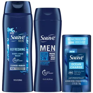 Suave Men Everyday Essentials – Refreshing Body Wash, Ocean Charge 2-in-1 Shampoo & Conditioner   Antiperspirant Deodorant