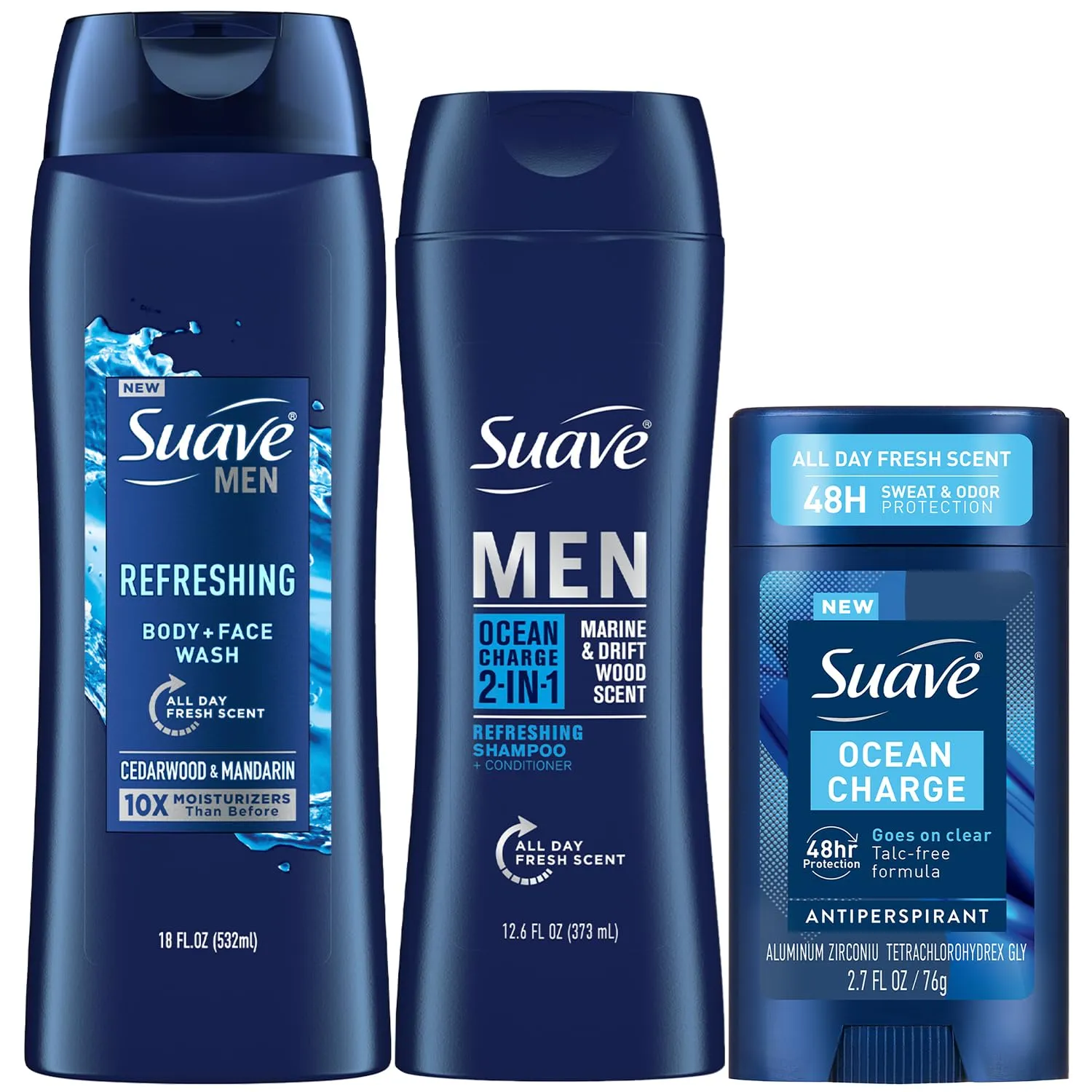 Suave Men Everyday Essentials – Refreshing Body Wash, Ocean Charge 2-in-1 Shampoo & Conditioner   Antiperspirant Deodorant