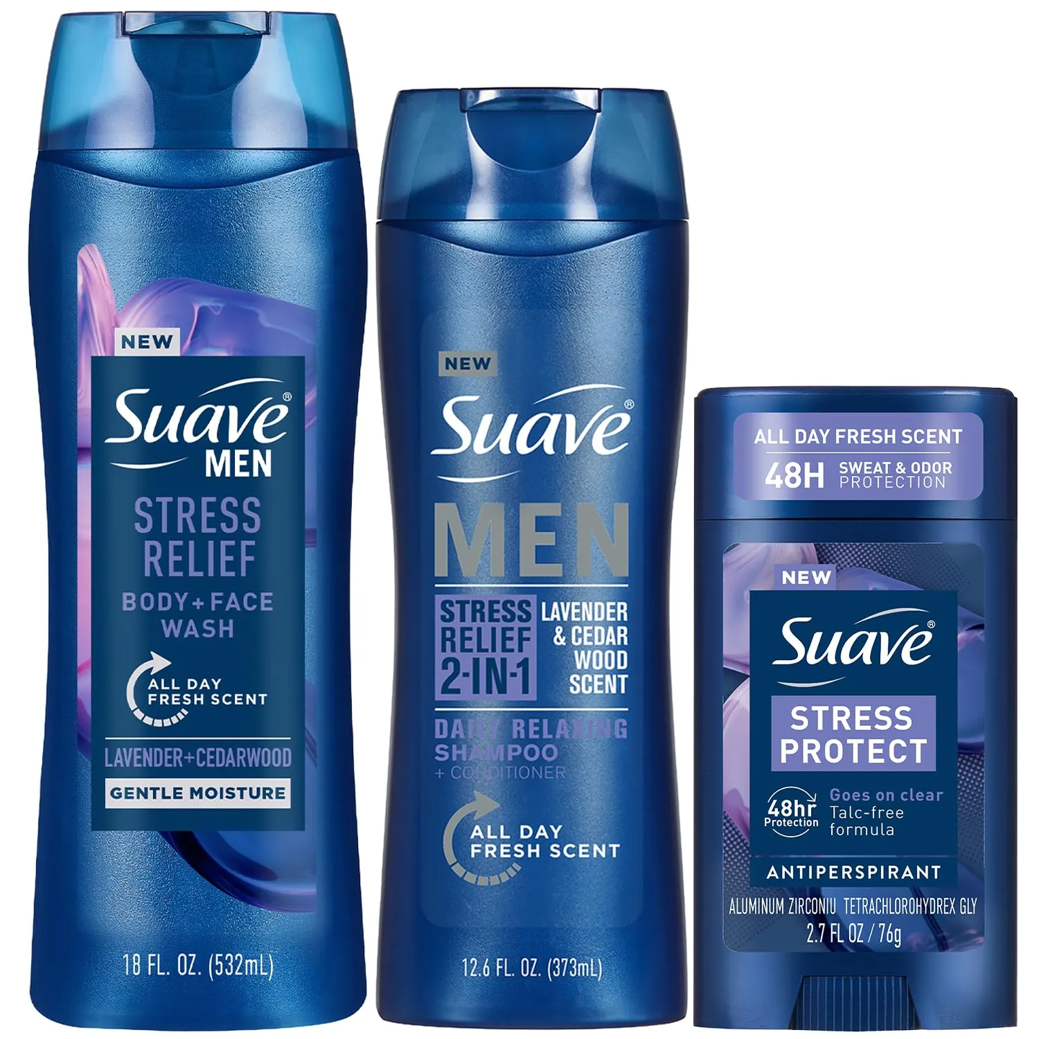 Suave Men Stress Relief Essentials – Body Wash, 2-in-1 Shampoo & Conditioner   Stress Protect Antiperspirant Deodorant, Lavender and Cedarwood Scent
