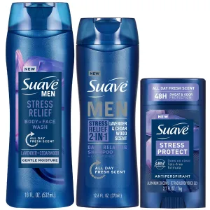 Suave Men Stress Relief Essentials – Body Wash, 2-in-1 Shampoo & Conditioner   Stress Protect Antiperspirant Deodorant, Lavender and Cedarwood Scent