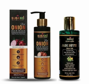 SUBAXO Herbal Red Onion Hair Wash-Herbal Shampoo (200ML)And Herbal Jadi Buti Hair Oil (200ml) Combo