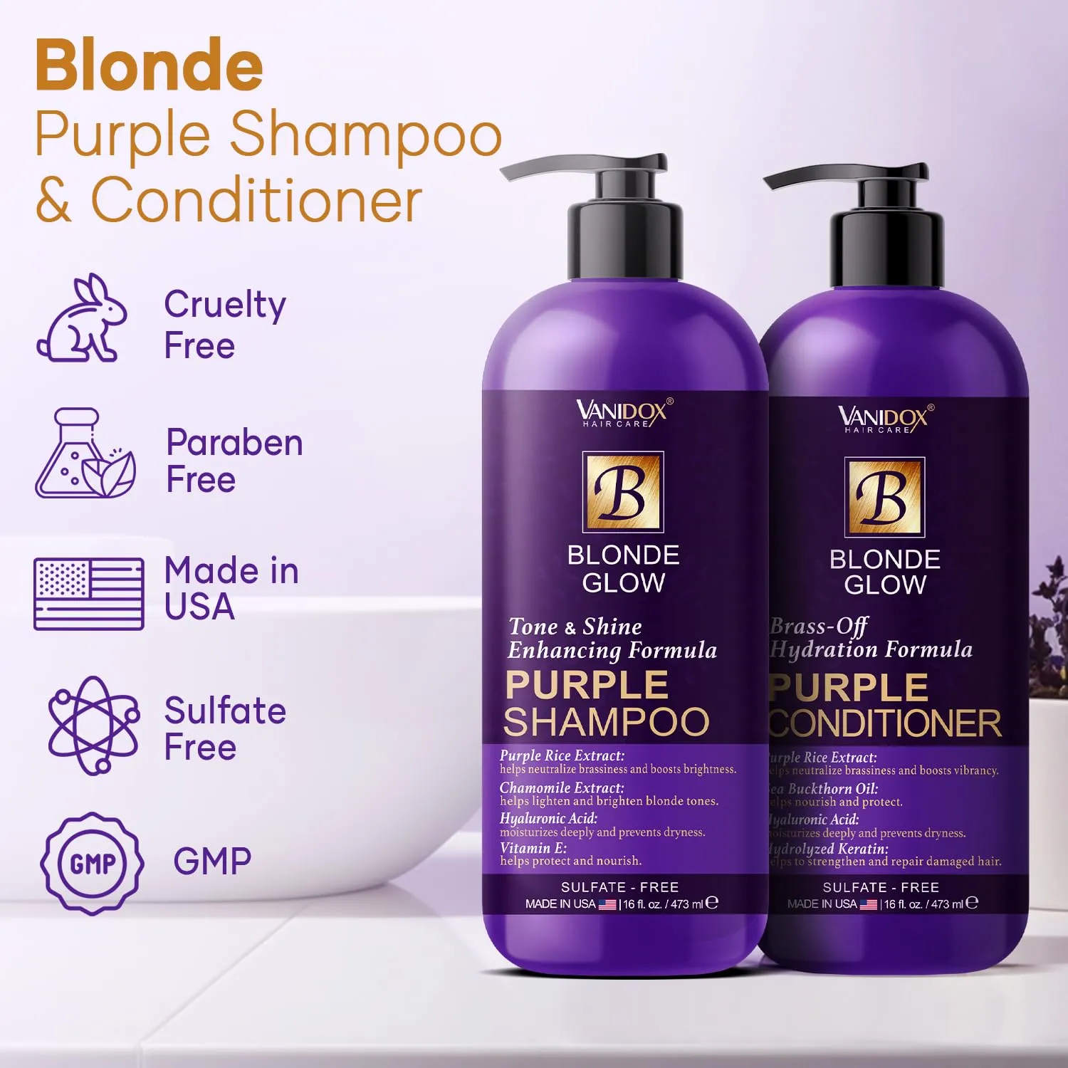Sulfate Free Brass Toning Purple Shampoo and Conditioner Set for Blondes, Brown Highlighted, or Bleached Hair, Infused with Purple Rice Extract (16 fl oz each)