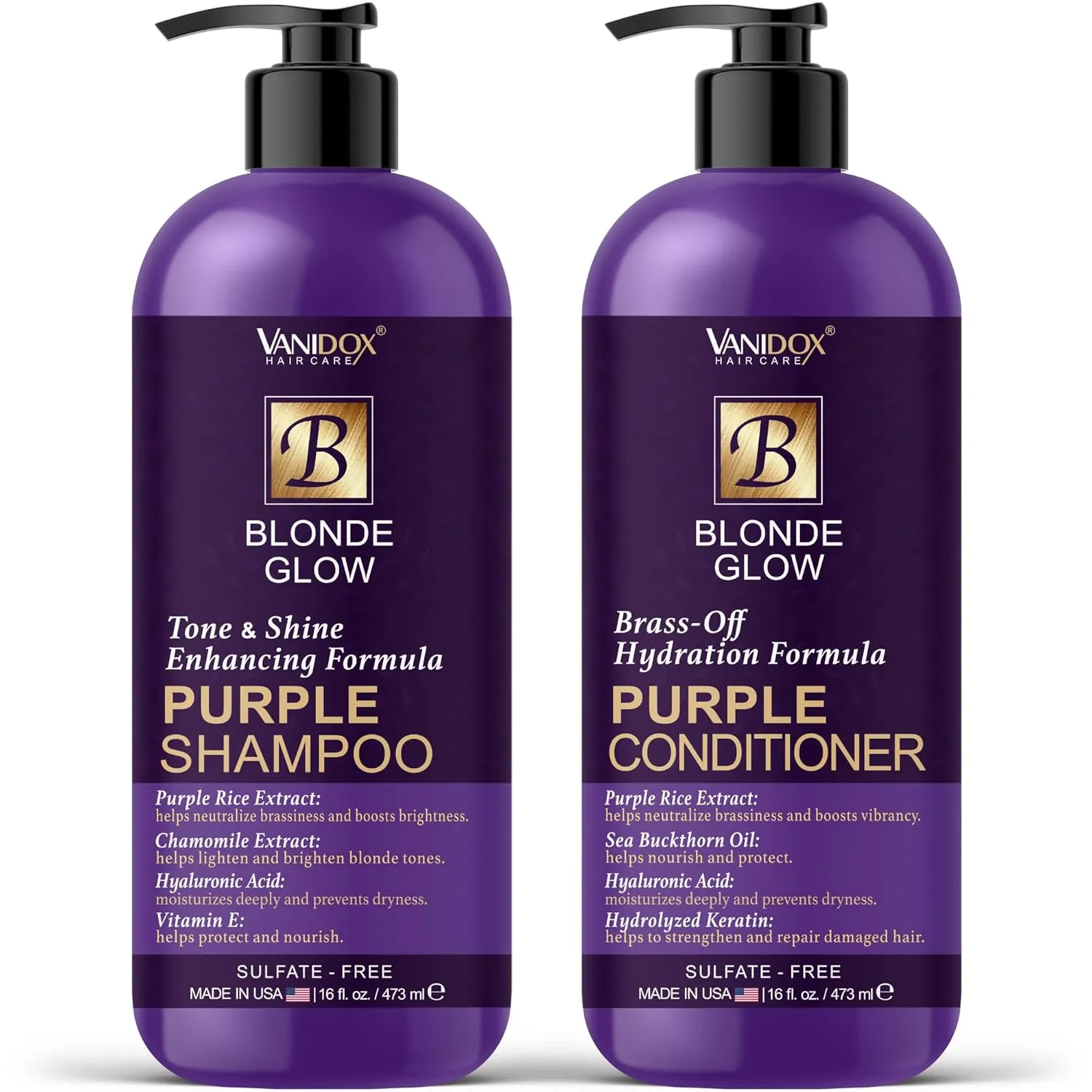 Sulfate Free Brass Toning Purple Shampoo and Conditioner Set for Blondes, Brown Highlighted, or Bleached Hair, Infused with Purple Rice Extract (16 fl oz each)