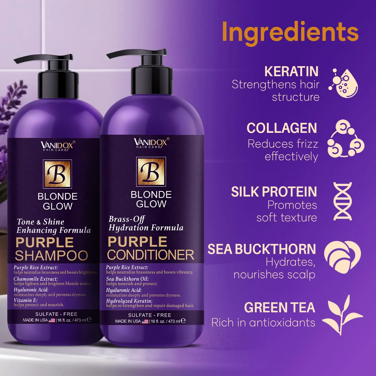 Sulfate Free Brass Toning Purple Shampoo and Conditioner Set for Blondes, Brown Highlighted, or Bleached Hair, Infused with Purple Rice Extract (16 fl oz each)