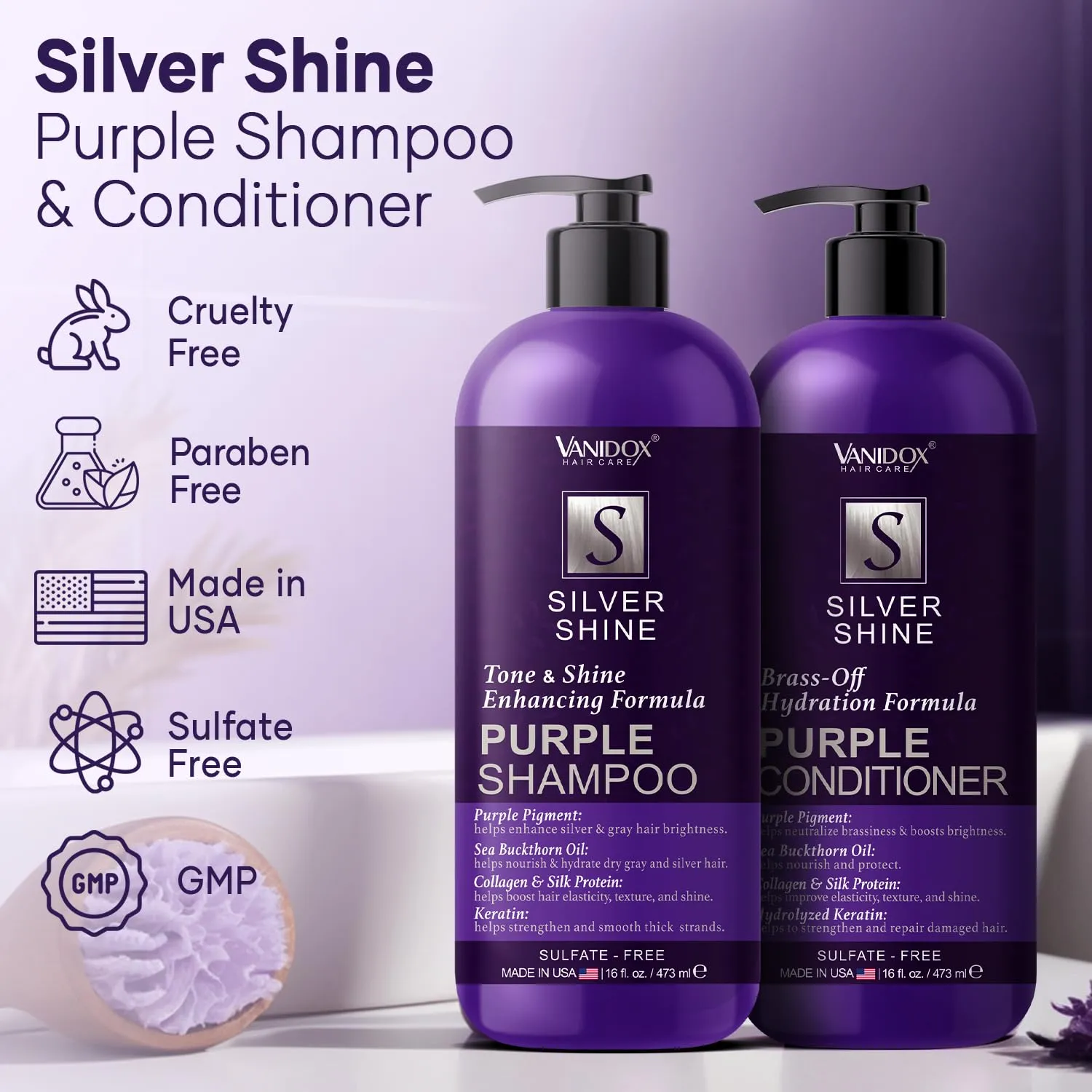 Sulfate Free Brass Toning Purple Shampoo and Conditioner Set for Grey and Silver Hair, Moisturizing & Color-Safe, Enhances Shine & Brightness, Made in USA (16 fl oz each)