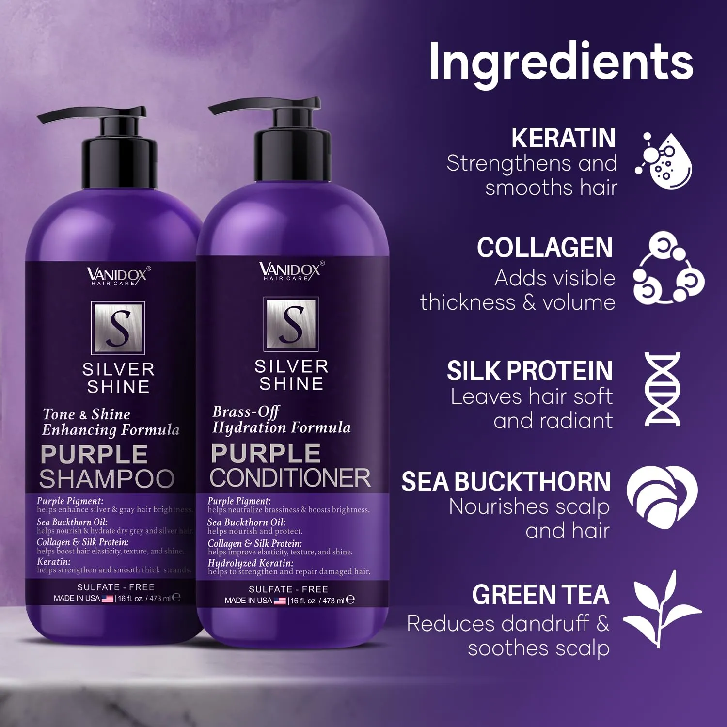 Sulfate Free Brass Toning Purple Shampoo and Conditioner Set for Grey and Silver Hair, Moisturizing & Color-Safe, Enhances Shine & Brightness, Made in USA (16 fl oz each)