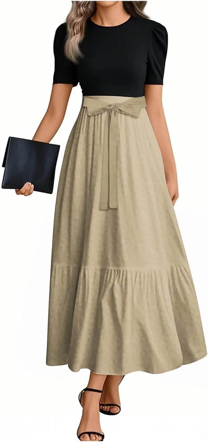 Summer Dress Floral Pattern Round Neck Maxi Dresses with Belt 2025 Short Sleeve Elegant Boho Long Dress