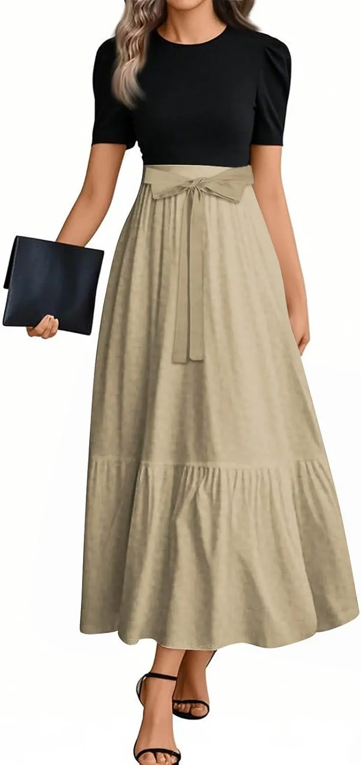 Summer Dress Floral Pattern Round Neck Maxi Dresses with Belt 2025 Short Sleeve Elegant Boho Long Dress