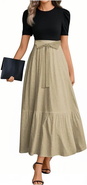 Summer Dress Floral Pattern Round Neck Maxi Dresses with Belt 2025 Short Sleeve Elegant Boho Long Dress