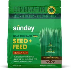 SUNDAY Heat Tolerant Seed   Feed - 3-in-1 Grass Seed, Fertilizer, & Soil Conditioner - Strengthens Lawns Against Heat & Drought - Covers 3,000 sq. ft. - 10lbs