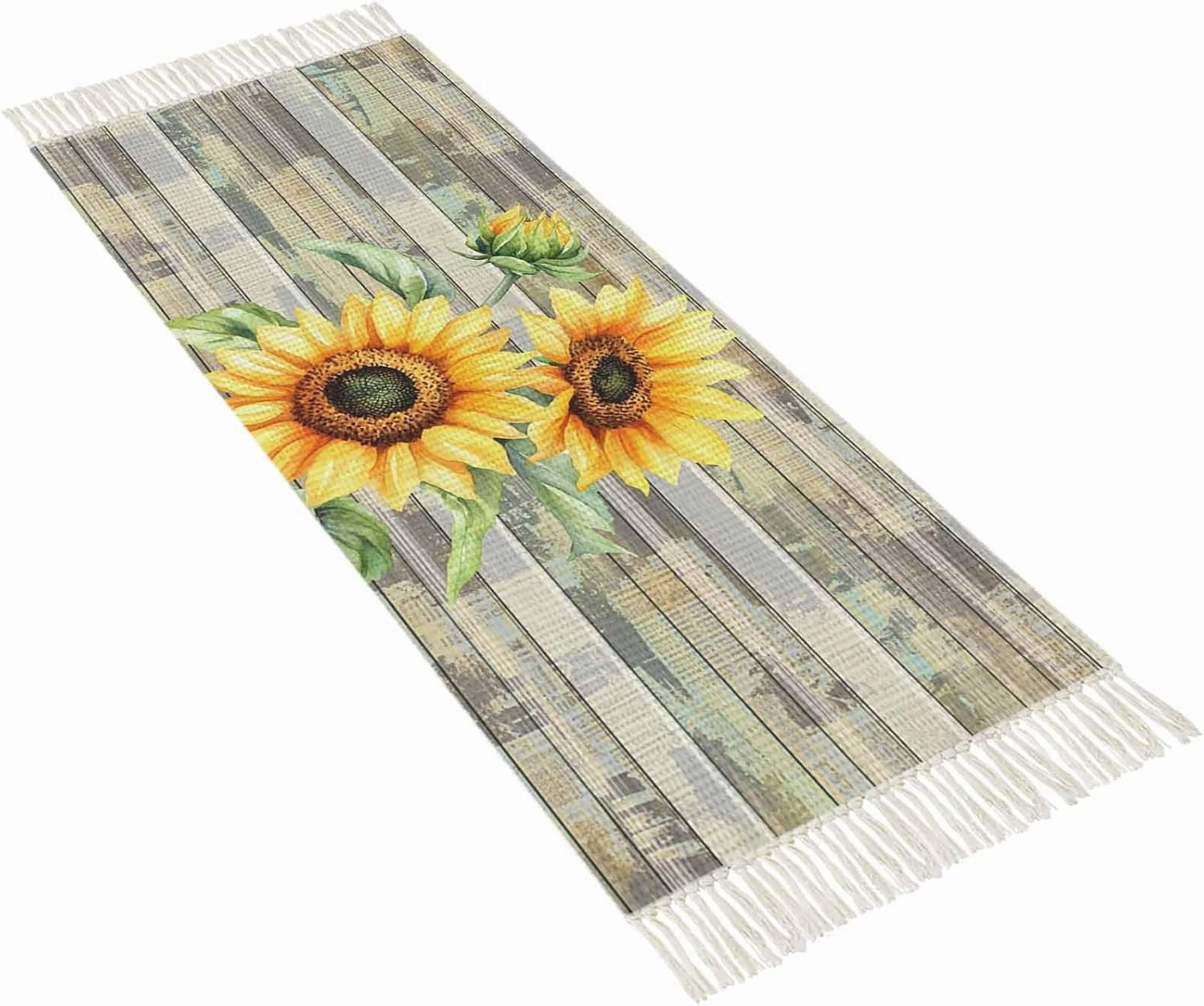 Sunflowers Runner Rug 2X4 Ft Entryway Outdoor Indoor Mat, Washable Woven Throw Carpet with Tassel, Farmhouse Botanical Floral Wooden Grain Non-Shedding Hallway Bath Mats