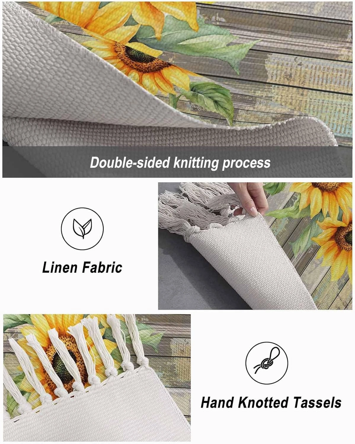 Sunflowers Runner Rug 2X4 Ft Entryway Outdoor Indoor Mat, Washable Woven Throw Carpet with Tassel, Farmhouse Botanical Floral Wooden Grain Non-Shedding Hallway Bath Mats