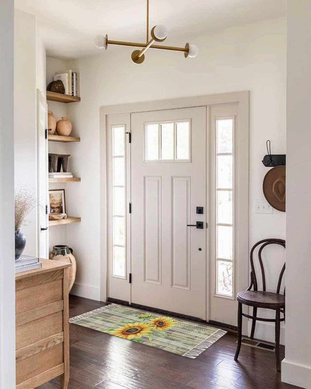 Sunflowers Runner Rug 2X4 Ft Entryway Outdoor Indoor Mat, Washable Woven Throw Carpet with Tassel, Farmhouse Botanical Floral Wooden Grain Non-Shedding Hallway Bath Mats