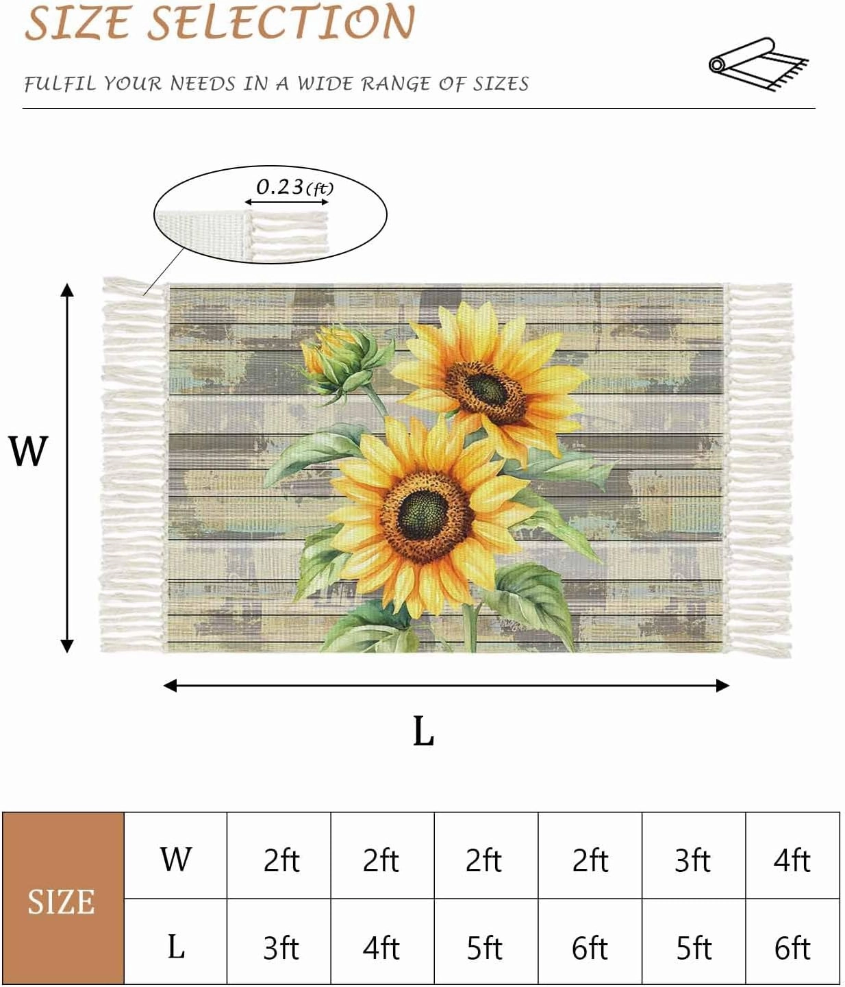Sunflowers Runner Rug 2X4 Ft Entryway Outdoor Indoor Mat, Washable Woven Throw Carpet with Tassel, Farmhouse Botanical Floral Wooden Grain Non-Shedding Hallway Bath Mats