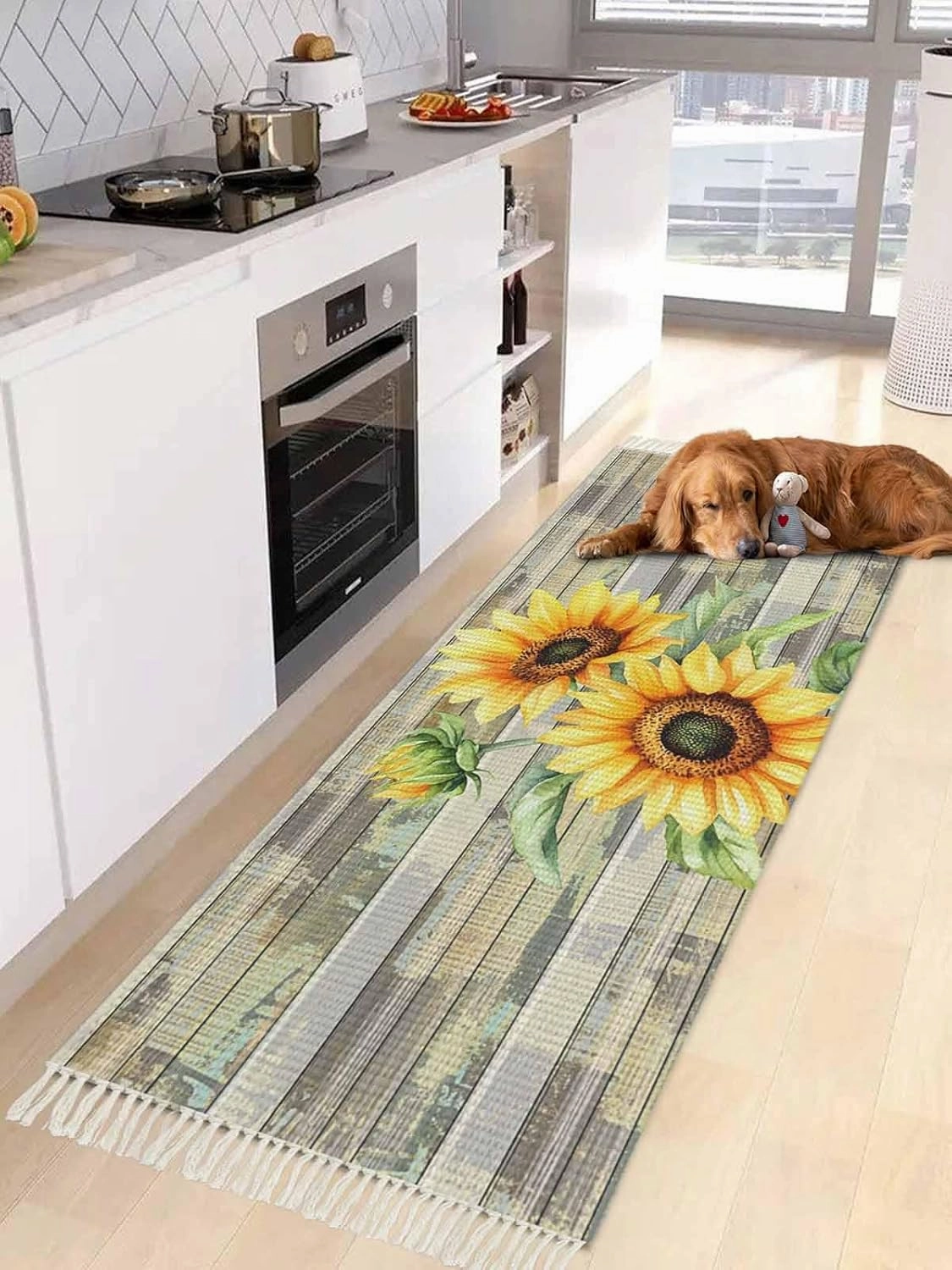 Sunflowers Runner Rug 2X4 Ft Entryway Outdoor Indoor Mat, Washable Woven Throw Carpet with Tassel, Farmhouse Botanical Floral Wooden Grain Non-Shedding Hallway Bath Mats