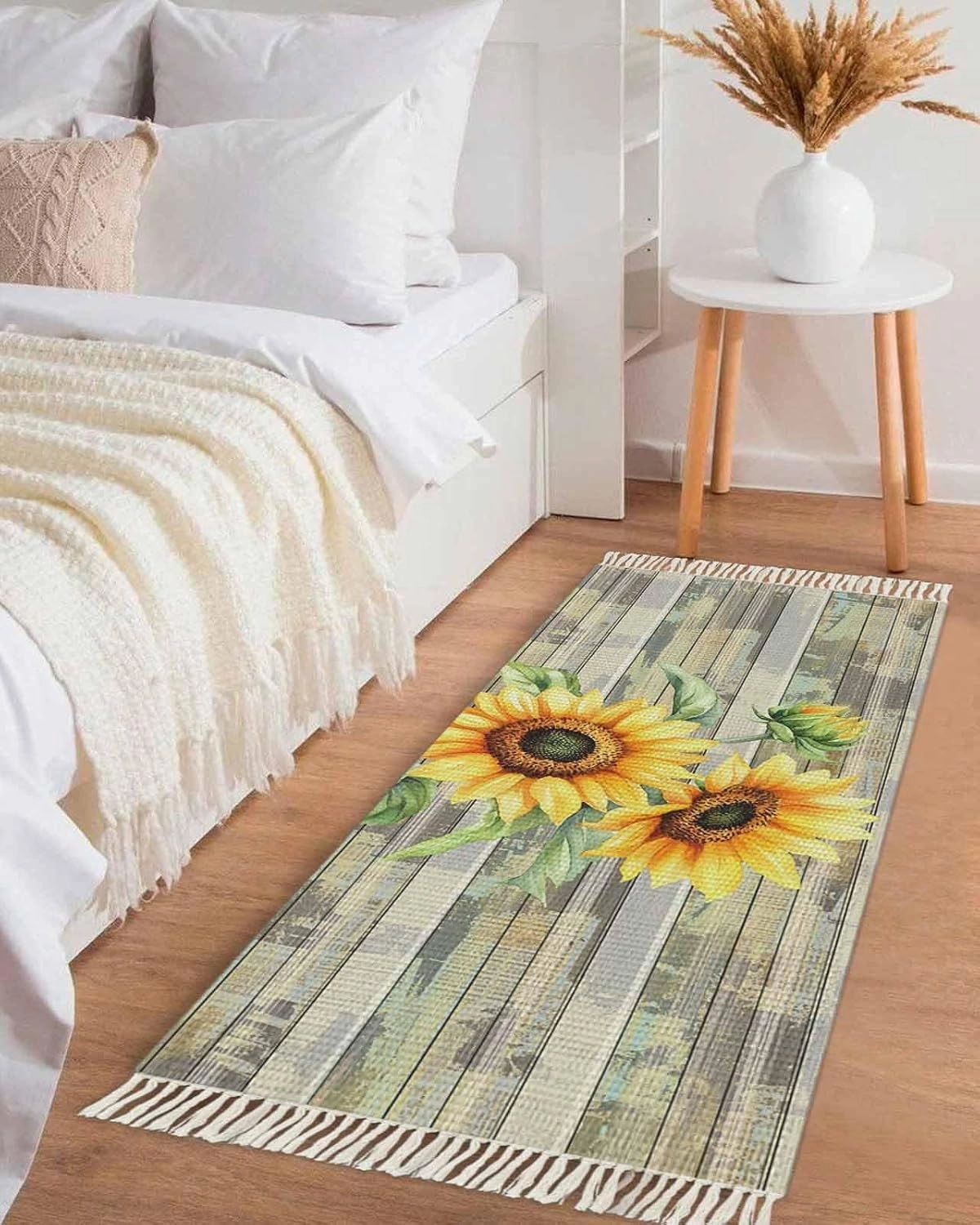 Sunflowers Runner Rug 2X4 Ft Entryway Outdoor Indoor Mat, Washable Woven Throw Carpet with Tassel, Farmhouse Botanical Floral Wooden Grain Non-Shedding Hallway Bath Mats