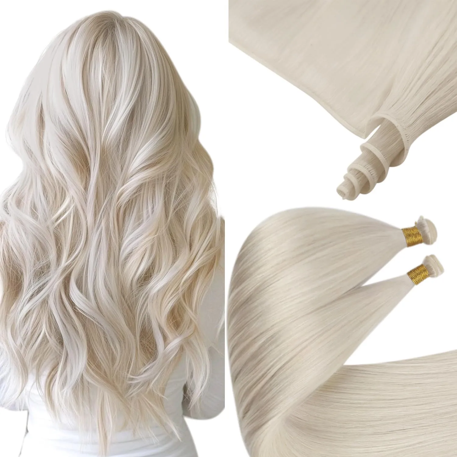 Sunny Hair Genius Weft Hair Extensions Platinum Blonde Sew in Hair Extensions Real Human Hair Hand Tied Weft Extensions Blonde Long Straight Hair Bundles for Women 22inch