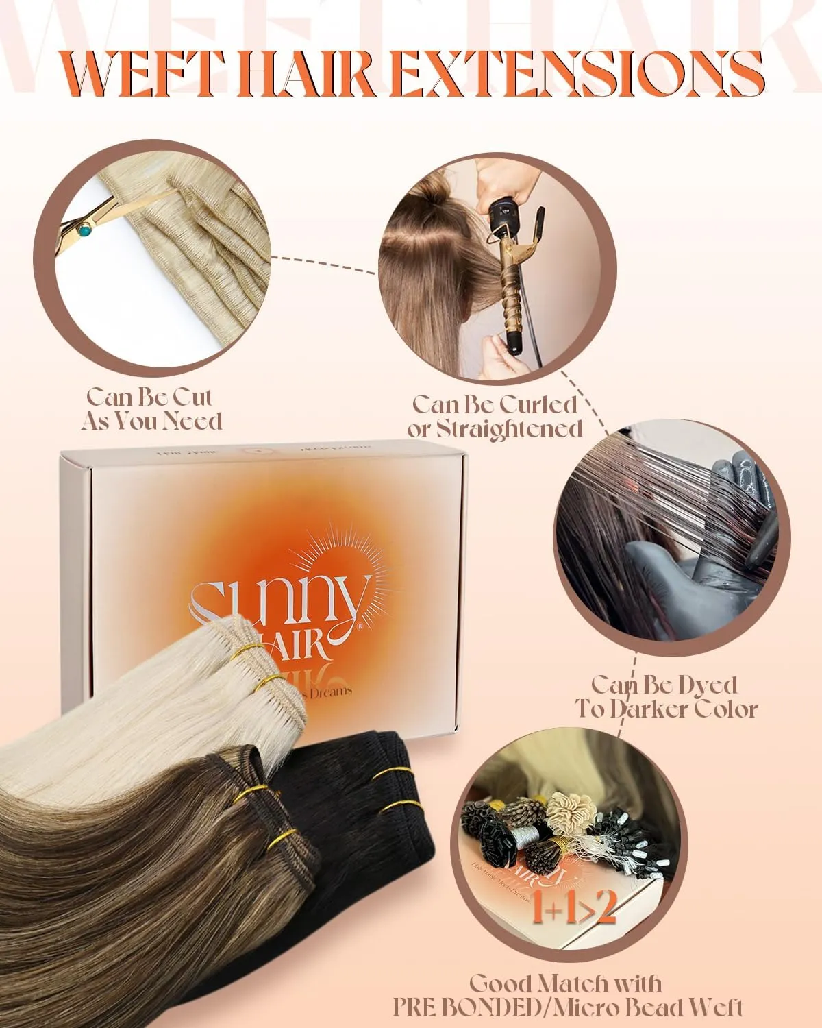 Sunny Hair Genius Weft Hair Extensions Platinum Blonde Sew in Hair Extensions Real Human Hair Hand Tied Weft Extensions Blonde Long Straight Hair Bundles for Women 22inch