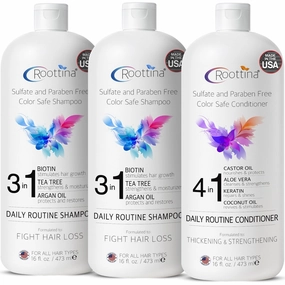 Support Hair Loss Care Bundle – 2 Roottina Daily Routine Shampoos   1 Conditioner with DHT Blockers, Supports Hair Growth, Strengthens & Nourishes, Coconut & Vanilla Scent, (3 x 16 fl oz)