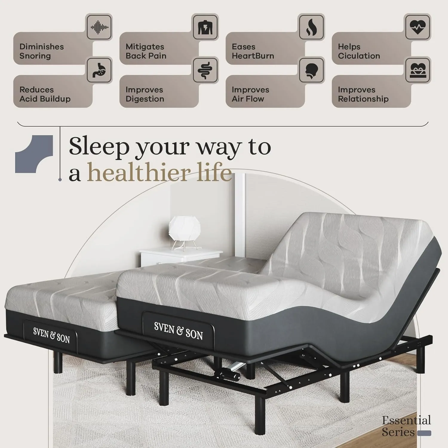 Sven & Son Essential Adjustable Bed Base (Frame)   14 inch Hybrid Spring Matt (Medium Soft), Easy Assembly, Head and Foot Lift, Memory Positions, Zero Gravity, Wireless Remote - Split King