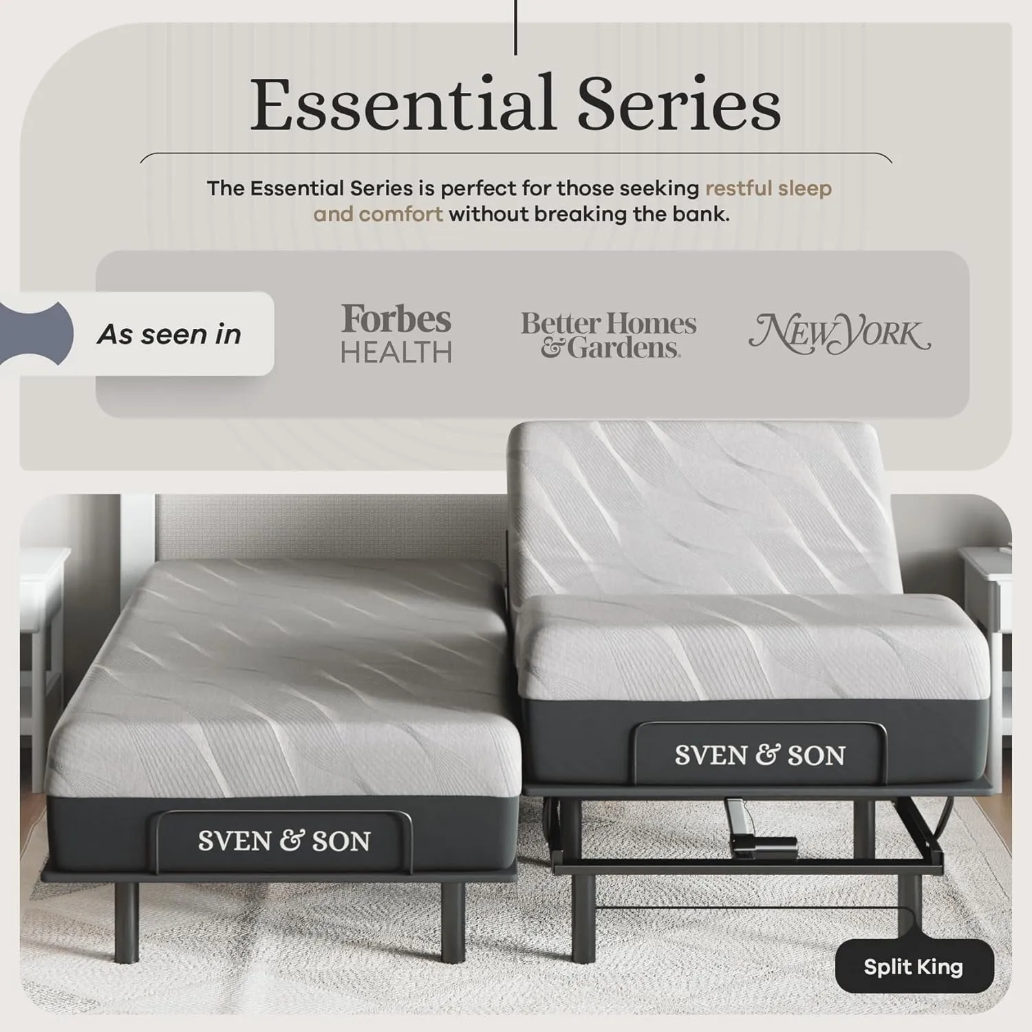 Sven & Son Essential Adjustable Bed Base (Frame)   14 inch Hybrid Spring Matt (Medium Soft), Easy Assembly, Head and Foot Lift, Memory Positions, Zero Gravity, Wireless Remote - Split King