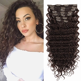 Synthetic Curly Clip in Hair Extensions Double Weft Full Head Heat Resistance Deep Wave Clip In 7 Pieces (24" Deep Wave, #4 Chocolate Brown)