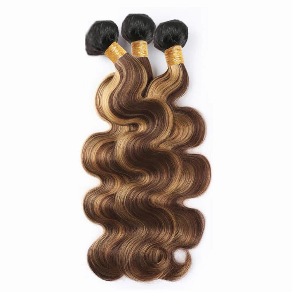 T1BP4/27 Ombre Human Hair Highlight Body Wave Bundles 10 12 14 Inch 3 Bundles Honey Blonde With Brown Bundles Unprocessed Brazilian Virgin Human Hair 3 Tone No Shedding No Tangle