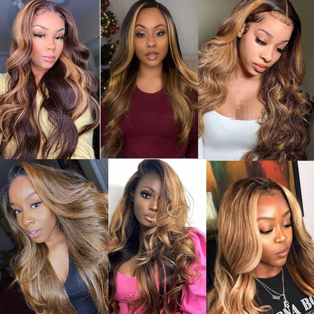 T1BP4/27 Ombre Human Hair Highlight Body Wave Bundles 10 12 14 Inch 3 Bundles Honey Blonde With Brown Bundles Unprocessed Brazilian Virgin Human Hair 3 Tone No Shedding No Tangle