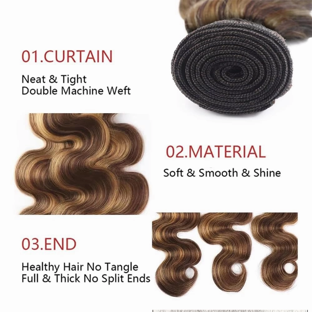 T1BP4/27 Ombre Human Hair Highlight Body Wave Bundles 10 12 14 Inch 3 Bundles Honey Blonde With Brown Bundles Unprocessed Brazilian Virgin Human Hair 3 Tone No Shedding No Tangle