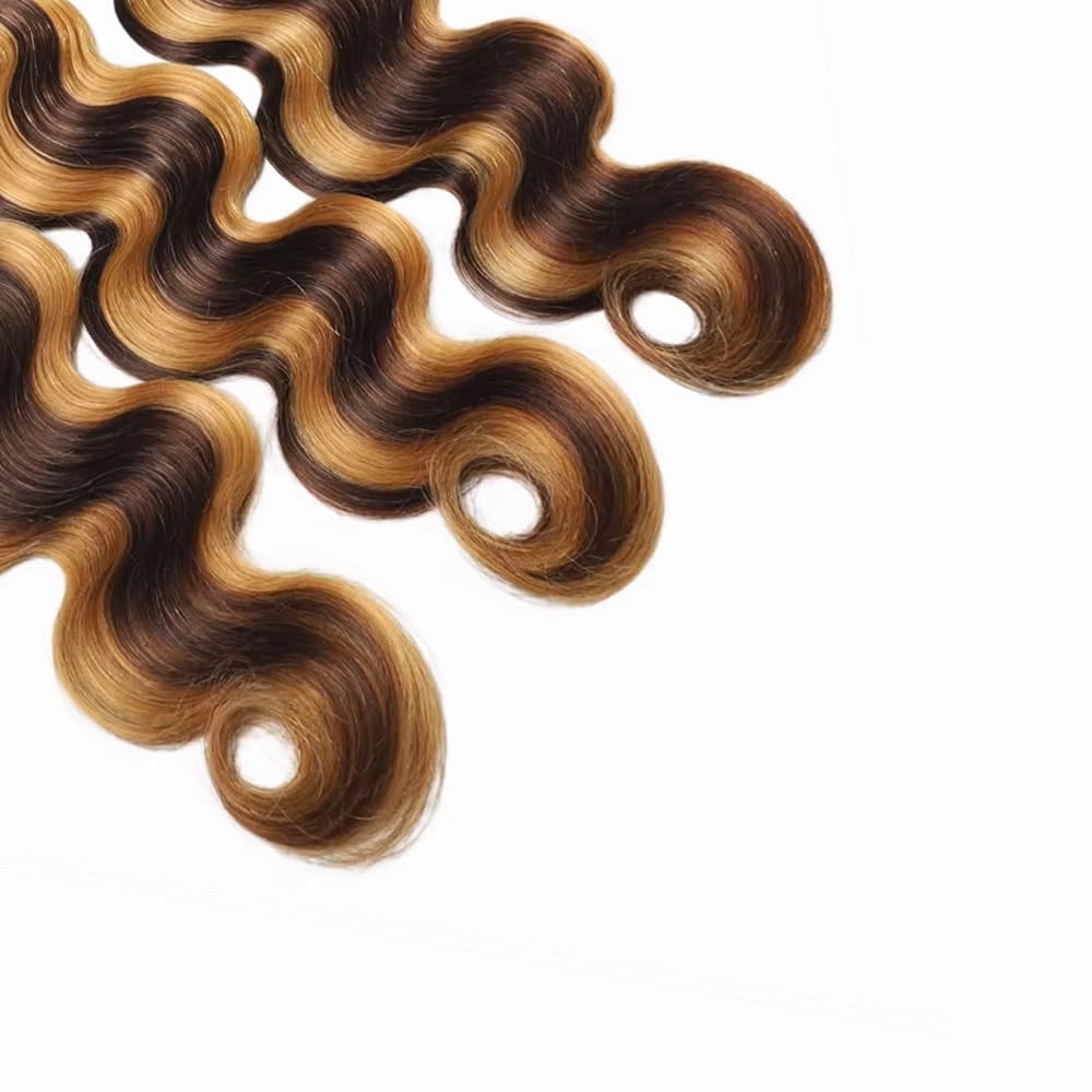 T1BP4/27 Ombre Human Hair Highlight Body Wave Bundles 10 12 14 Inch 3 Bundles Honey Blonde With Brown Bundles Unprocessed Brazilian Virgin Human Hair 3 Tone No Shedding No Tangle