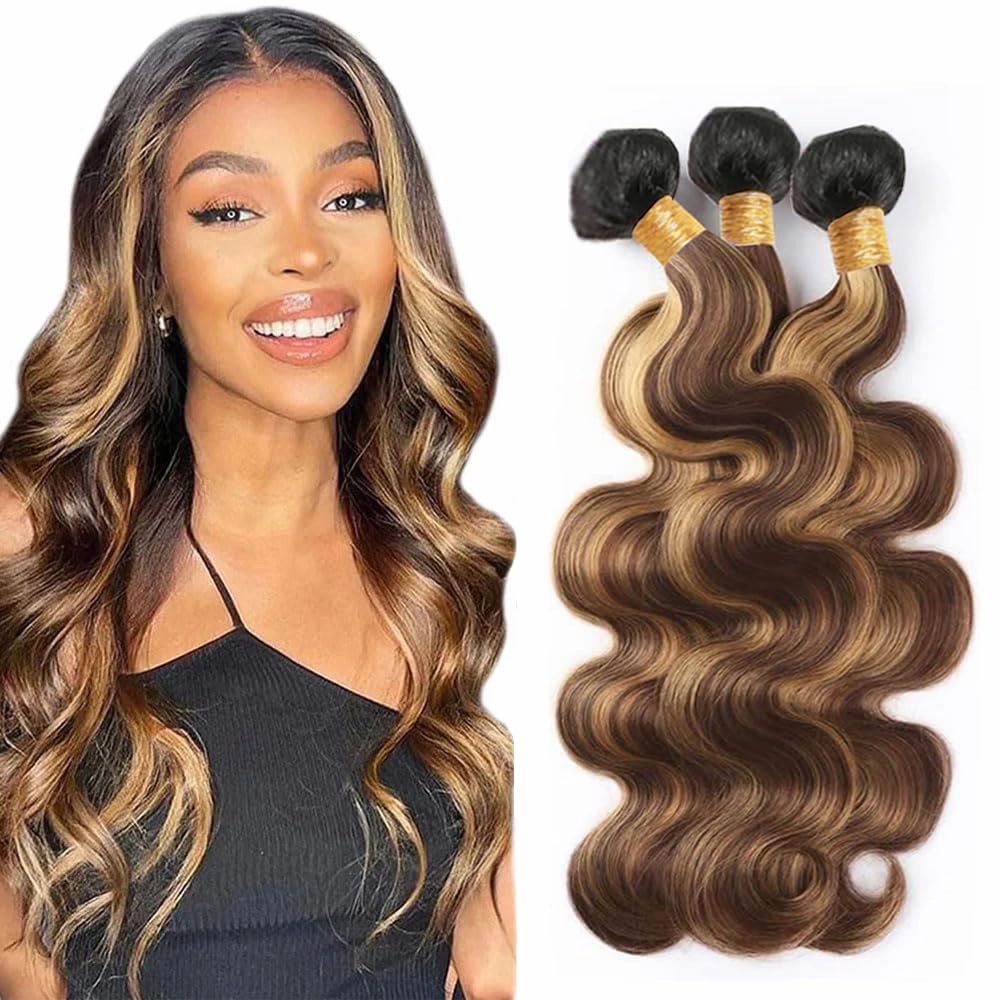 T1BP4/27 Ombre Human Hair Highlight Body Wave Bundles 10 12 14 Inch 3 Bundles Honey Blonde With Brown Bundles Unprocessed Brazilian Virgin Human Hair 3 Tone No Shedding No Tangle