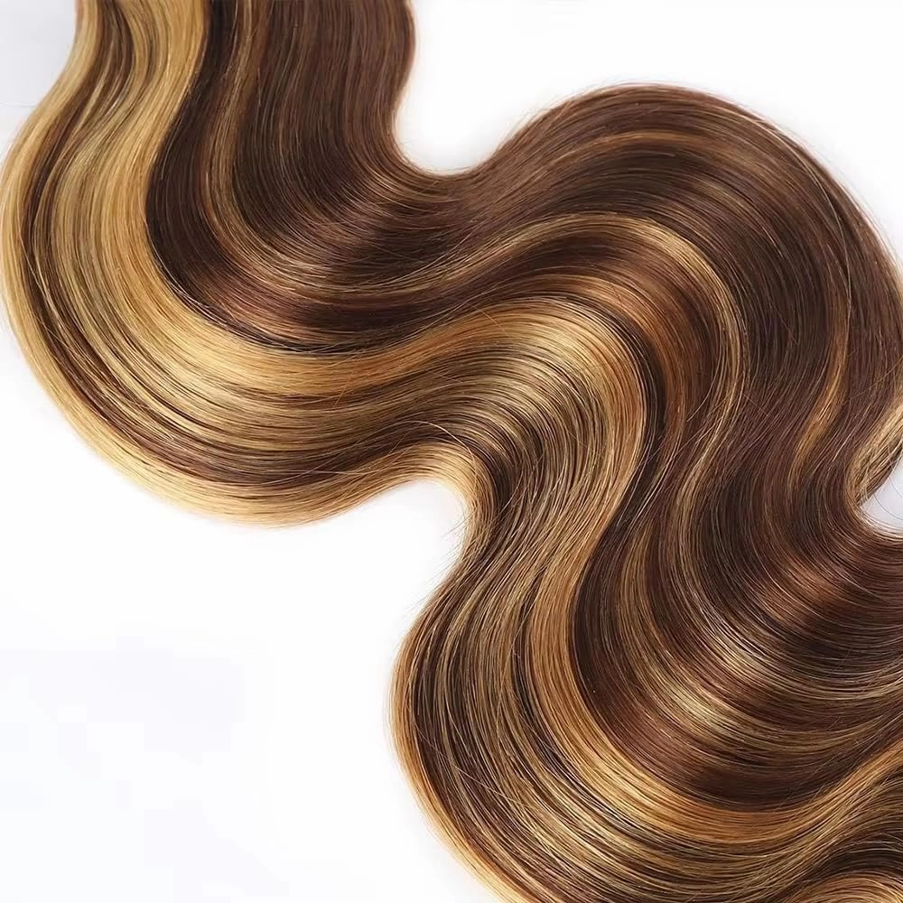 T1BP4/27 Ombre Human Hair Highlight Body Wave Bundles 10 12 14 Inch 3 Bundles Honey Blonde With Brown Bundles Unprocessed Brazilian Virgin Human Hair 3 Tone No Shedding No Tangle