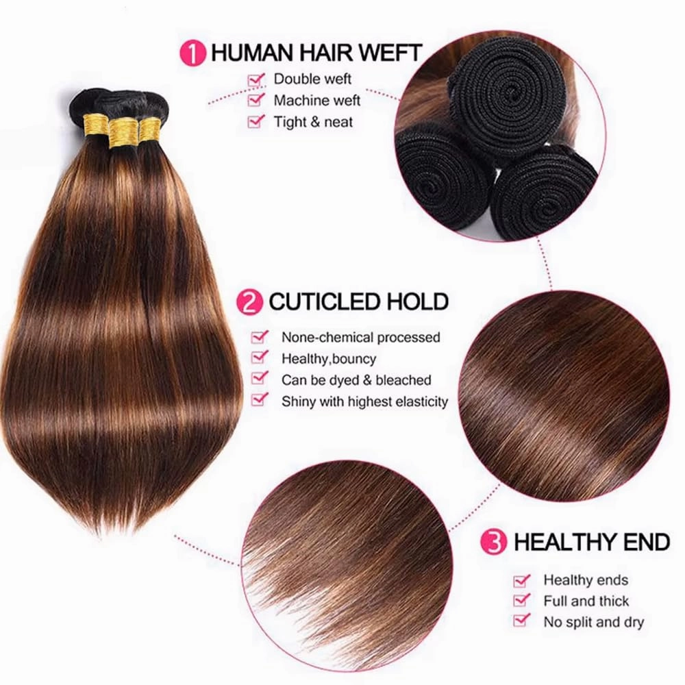 T1BP4/30 Highlight Ombre Straight Human Hair Bundles Black and Brown Unprocessed Brazilian Virgin Straight Human Hair 3 Bundles 10 12 14 Inch for Black Women Hair Extension