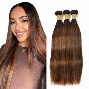 T1BP4/30 Highlight Ombre Straight Human Hair Bundles Black and Brown Unprocessed Brazilian Virgin Straight Human Hair 3 Bundles 10 12 14 Inch for Black Women Hair Extension