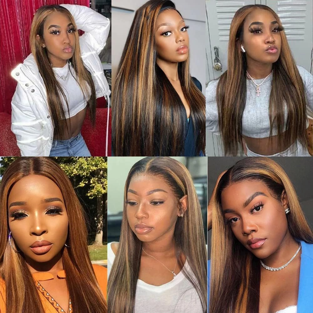 T1BP4/30 Highlight Ombre Straight Human Hair Bundles Black and Brown Unprocessed Brazilian Virgin Straight Human Hair 3 Bundles 10 12 14 Inch for Black Women Hair Extension
