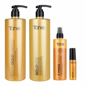 TAHE Keratin Gold Shampoo 1000ml, Mask 1000ml, Serum 30ml & Bio-Fluid Leave-In Conditioner 2 Phase (New Presentation)