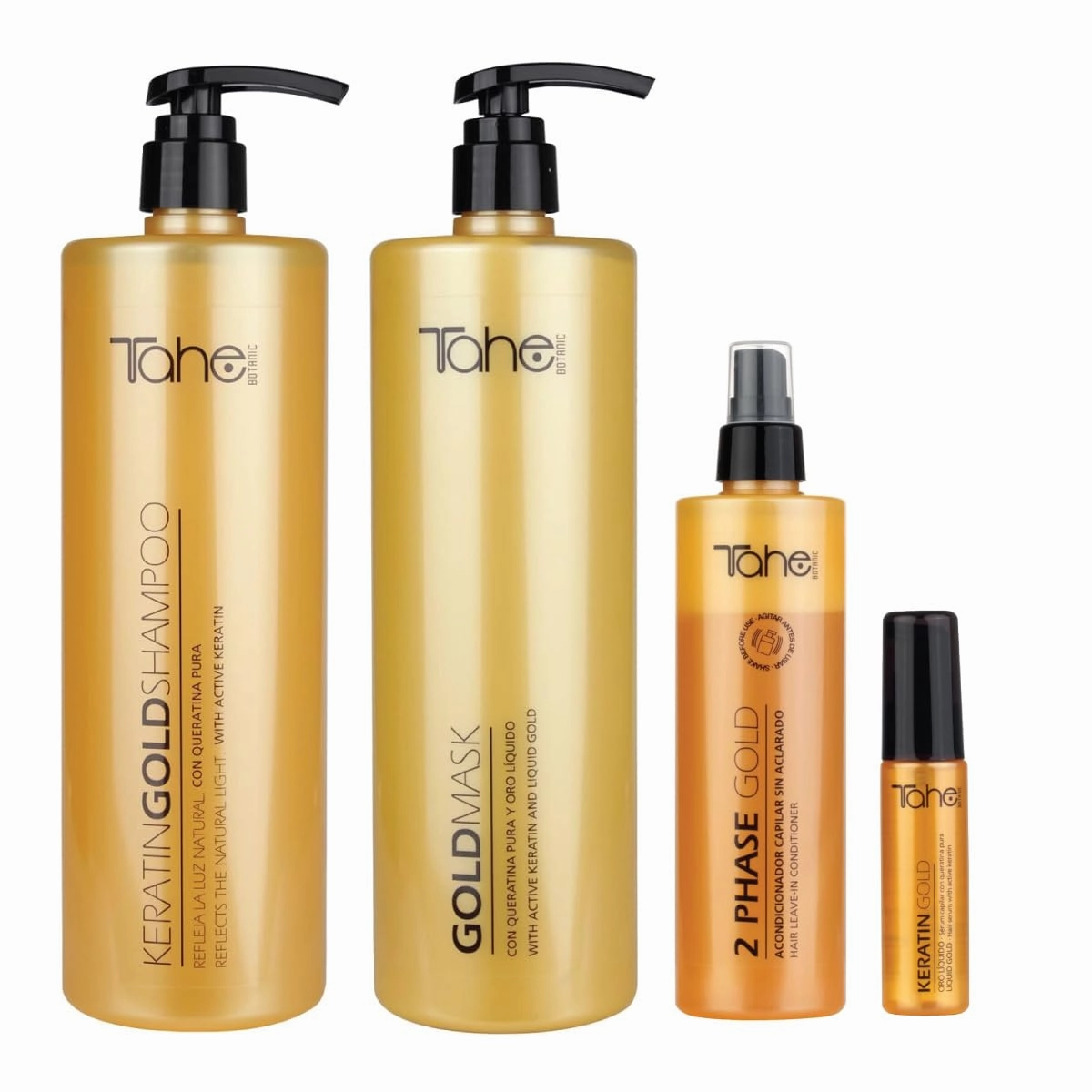 TAHE Keratin Gold Shampoo 1000ml, Mask 1000ml, Serum 30ml & Bio-Fluid Leave-In Conditioner 2 Phase (New Presentation)