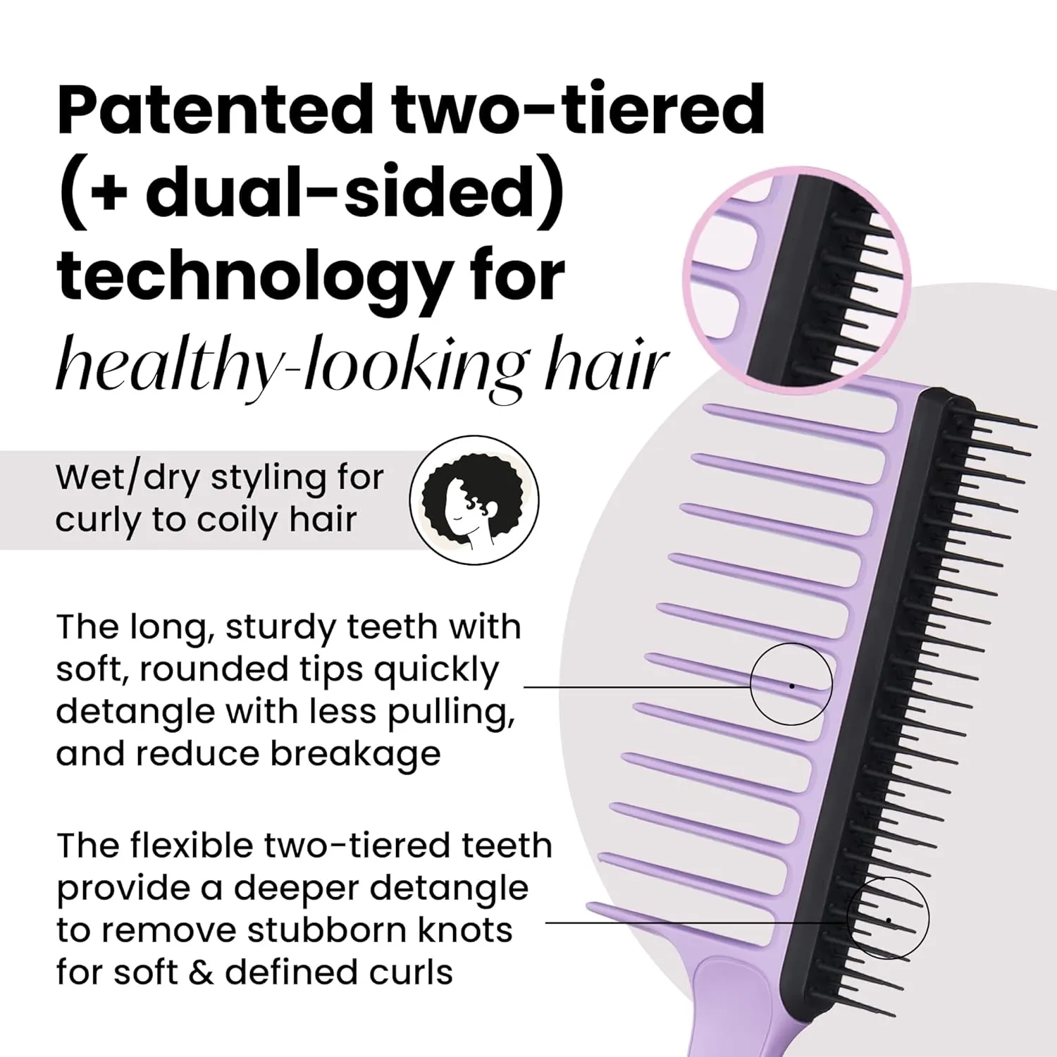 Tangle Teezer The Wide Tooth Comb for Curly Hair, Double-Sided Detangling Comb for All Hair Types, Wet and Dry Detangling, Lilac