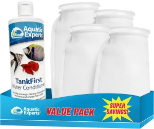 TankFirst Aquarium Water Conditioner 500 mL and 100 Micron Felt Filter Socks 7"x16" - 4 Pack, Made in USA (Value Pack)